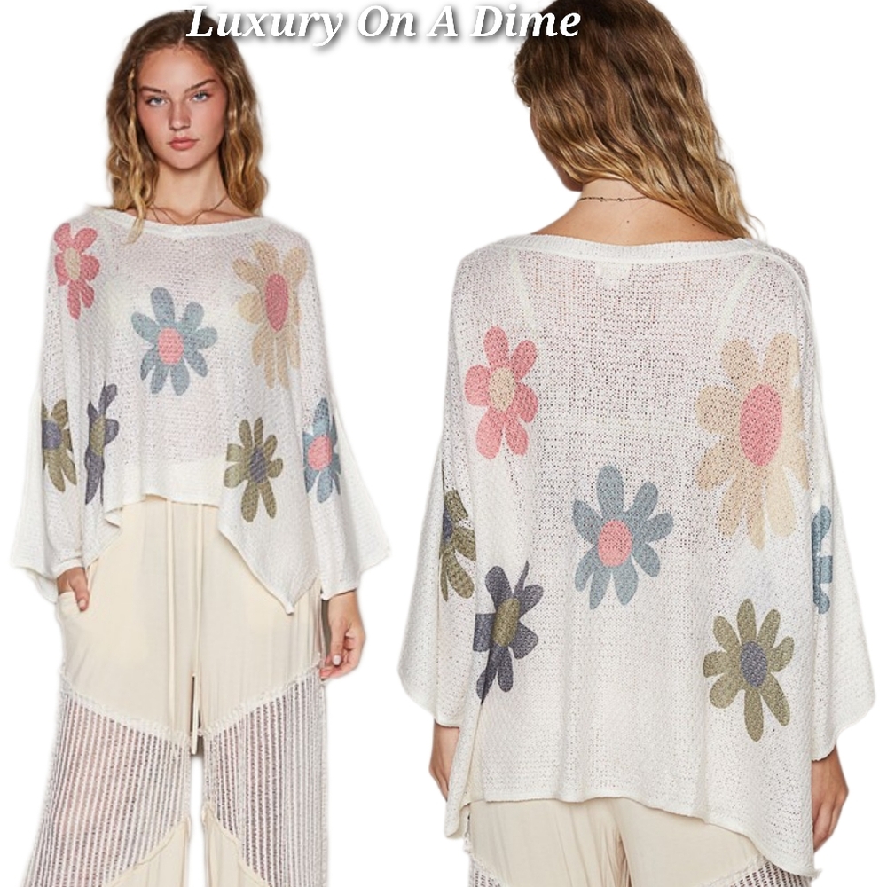 POL Daisy Retro Color Contrast Flower Top Oversized Shirt Pullover Knit Sweater - Picture 3 of 11